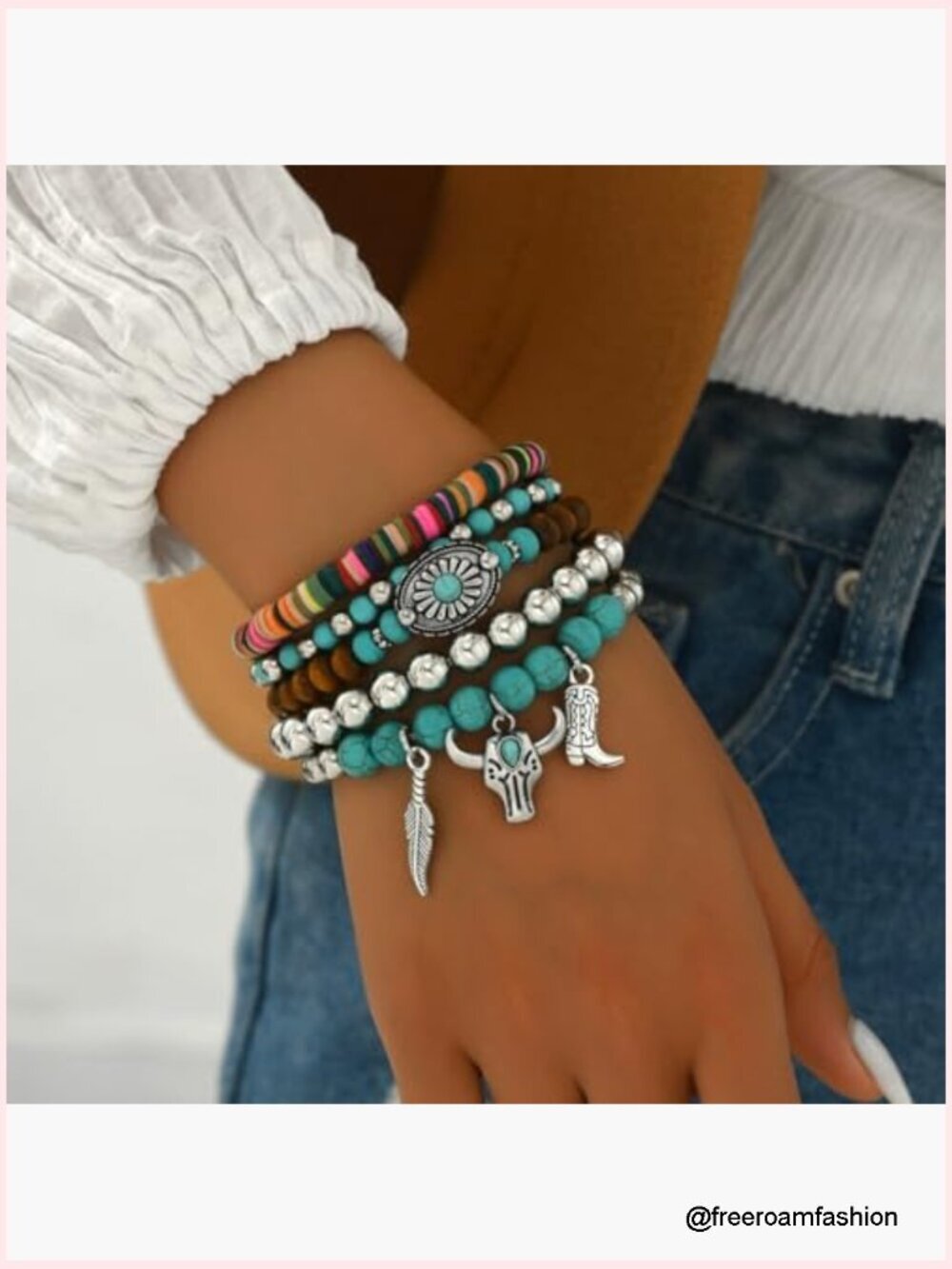 Turquoise Beaded Bracelet Stackable Boho Western Style - Picture 2 of 7